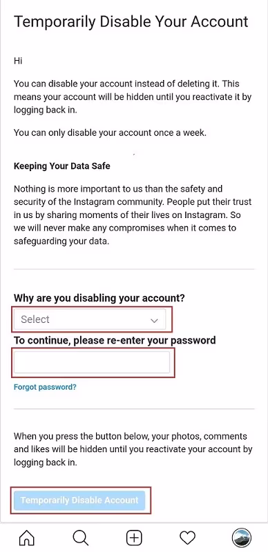 حذف حساب انستغرام مؤقتًا 4